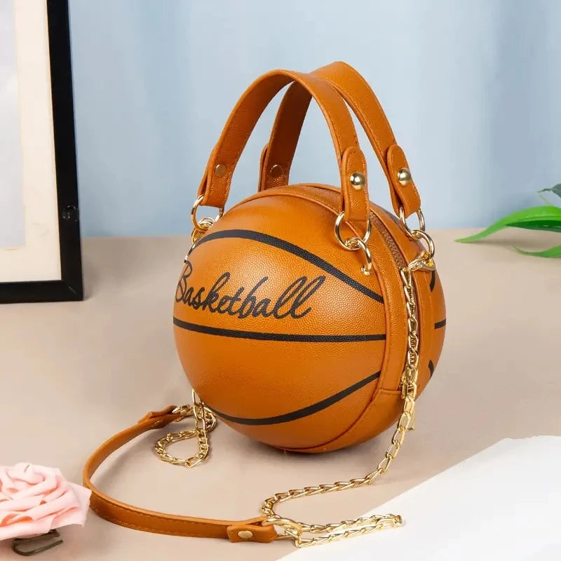 Basketball-Inspired Circular Crossbody Bag – PU Leather Shoulder Purse with Chain Accent