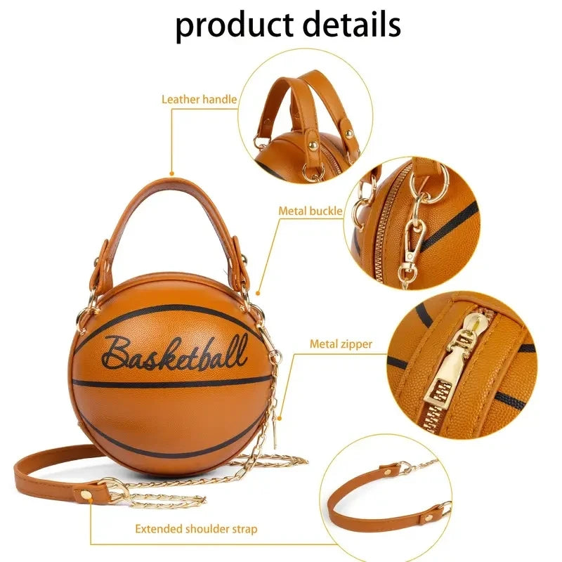 Basketball-Inspired Circular Crossbody Bag – PU Leather Shoulder Purse with Chain Accent