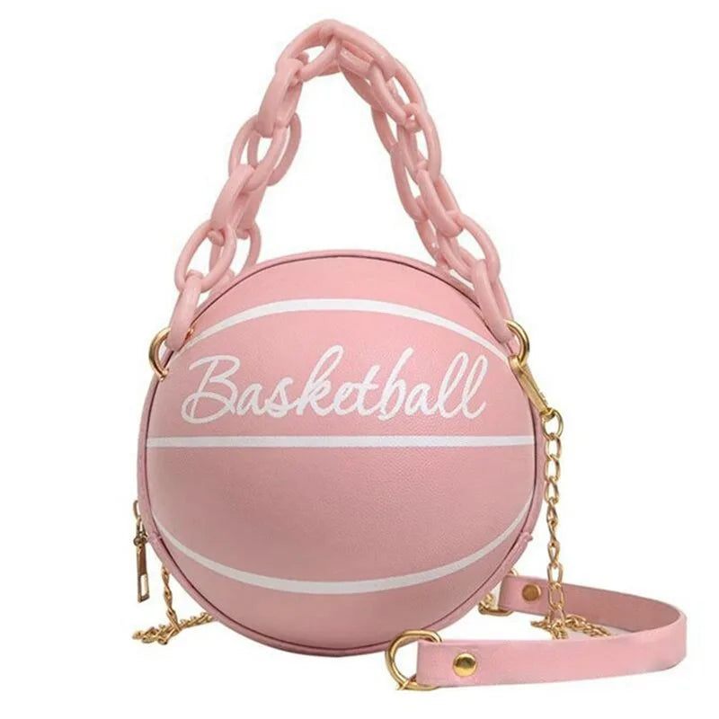 Basketball-Inspired Circular Crossbody Bag – PU Leather Shoulder Purse with Chain Accent
