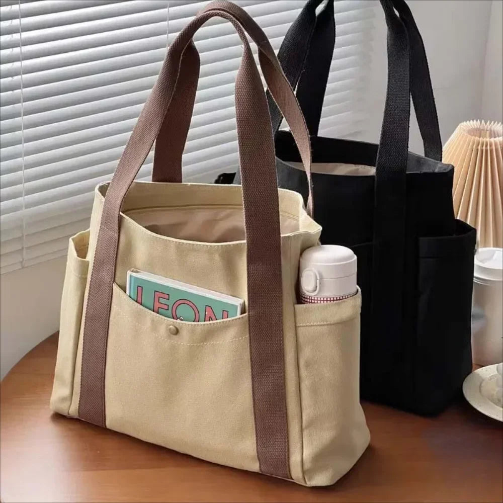 Preppy Canvas Shoulder Satchel – Soft Zipper Tote with Dual Handles for Women