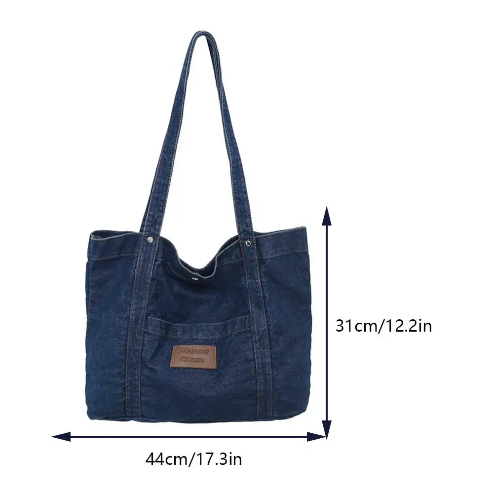 Women Retro Tote Bag Large Capacity Denim Versatile Shopping Bag Solid Color Female Daily Commute Bag