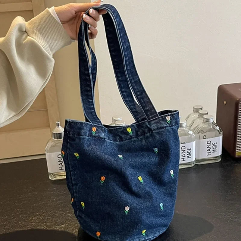 Floral Embroidered Denim Shoulder Bag – Soft Vintage Tote for Effortless Everyday Chic