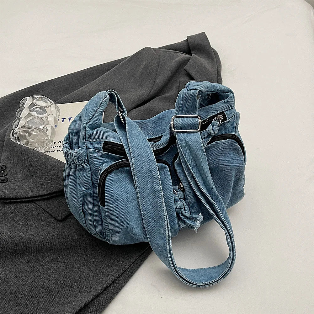 Denim Tote Bag for Women Casual Adjustable Shoulder Handbag Crossbody Bag Retro Zipper Hobo Purse For Work Shopping Travel