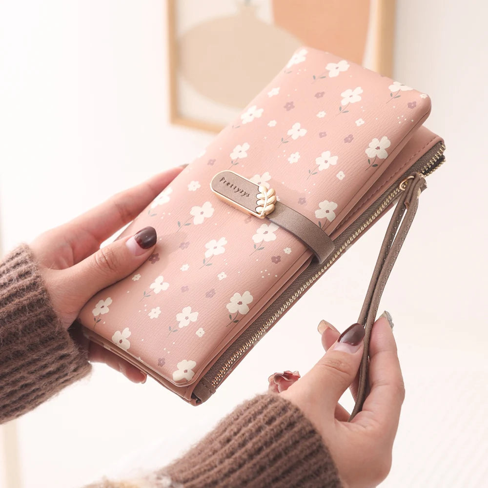Women’s Long Wallet – Cute Leaf & Flower Pattern Zipper Clutch with Card & Coin Holder