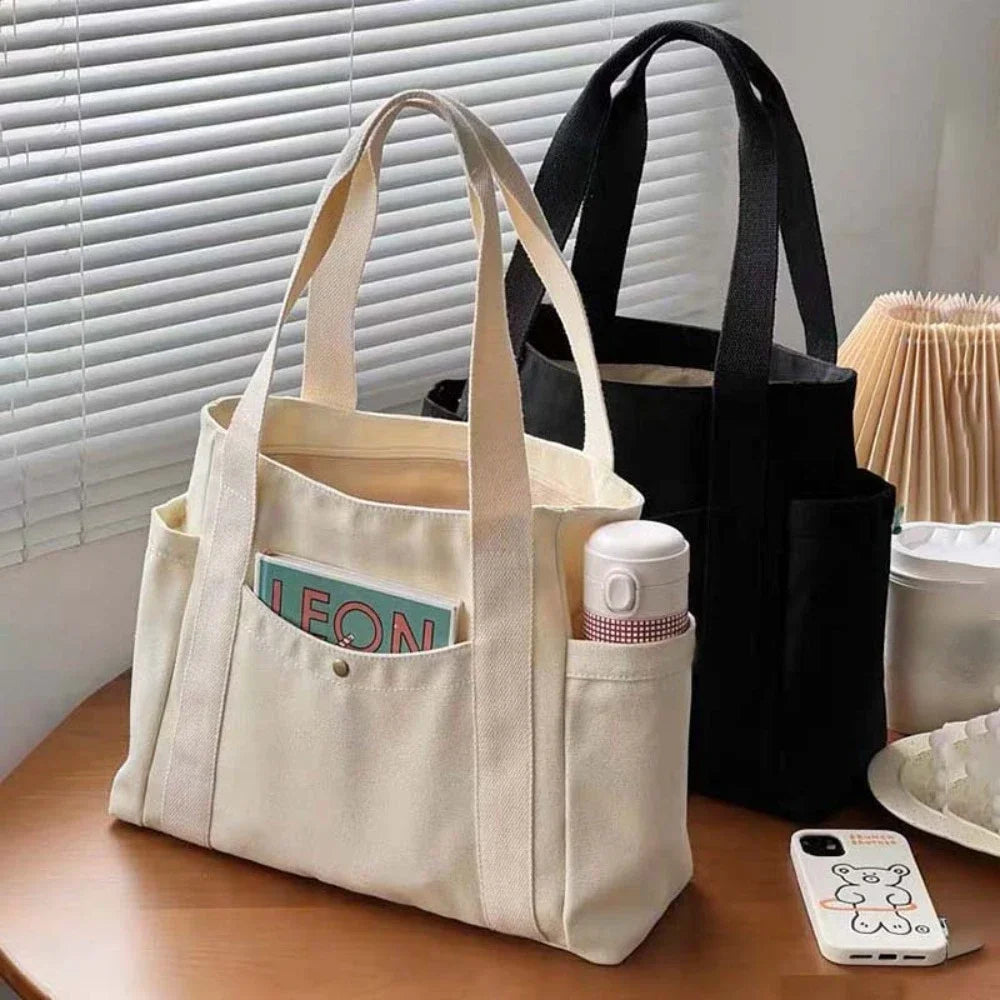 Preppy Canvas Shoulder Satchel – Soft Zipper Tote with Dual Handles for Women