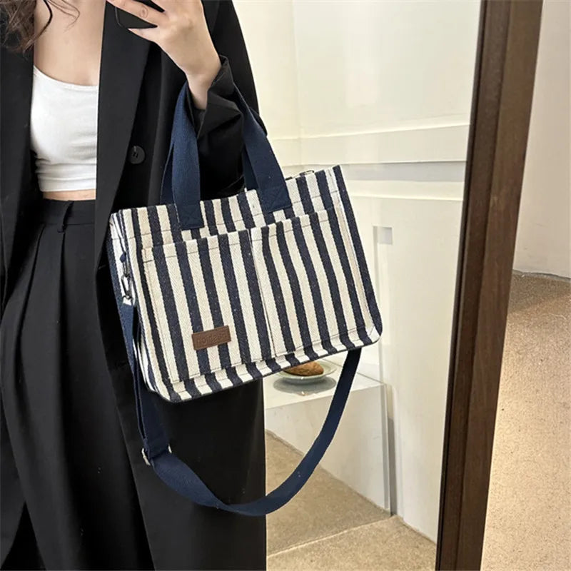 Trendy Striped Canvas Shoulder Bag