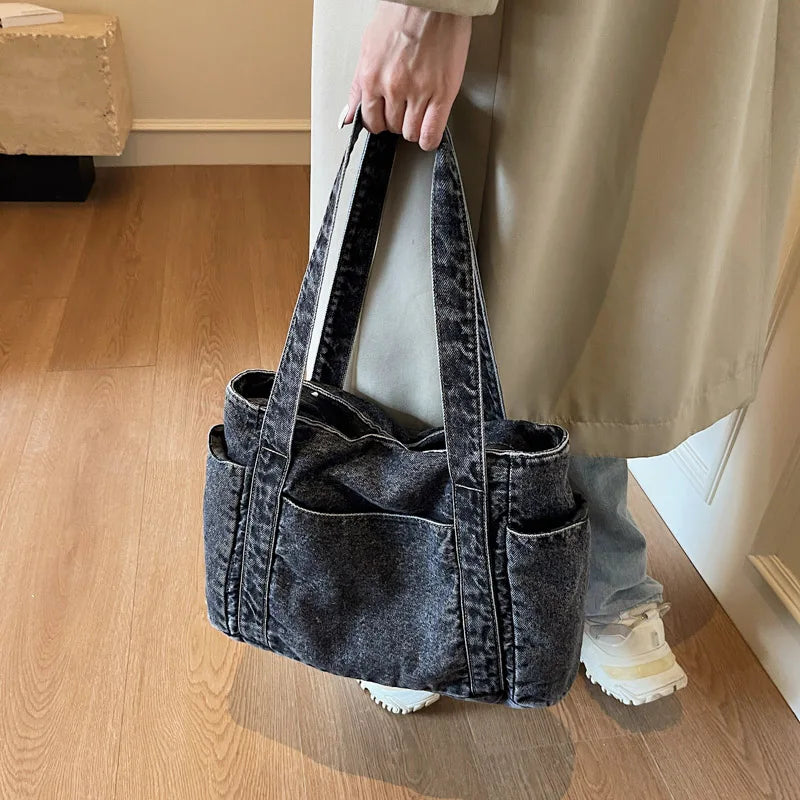 Korean style large capacity water washed denim tote bag for women, commuter handbag, single shoulder armpit bag