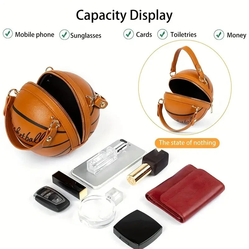 Basketball-Inspired Circular Crossbody Bag – PU Leather Shoulder Purse with Chain Accent