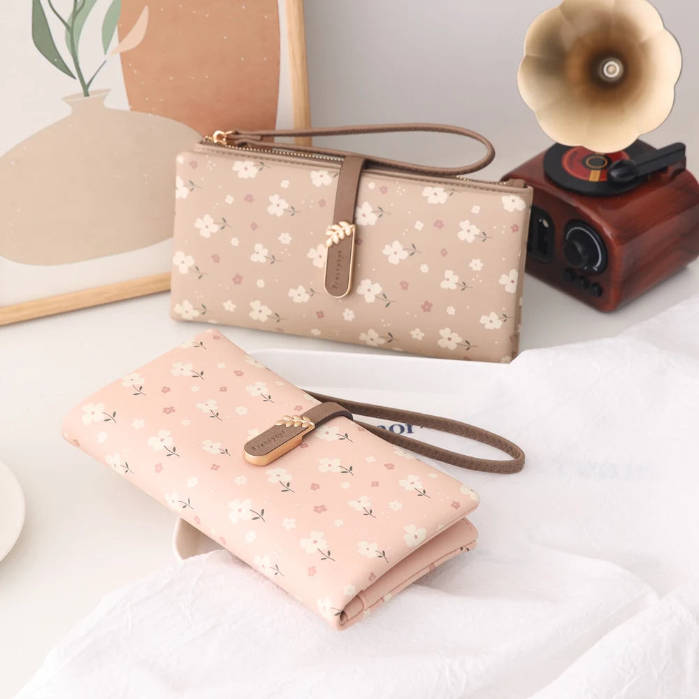 Women’s Long Wallet – Cute Leaf & Flower Pattern Zipper Clutch with Card & Coin Holder