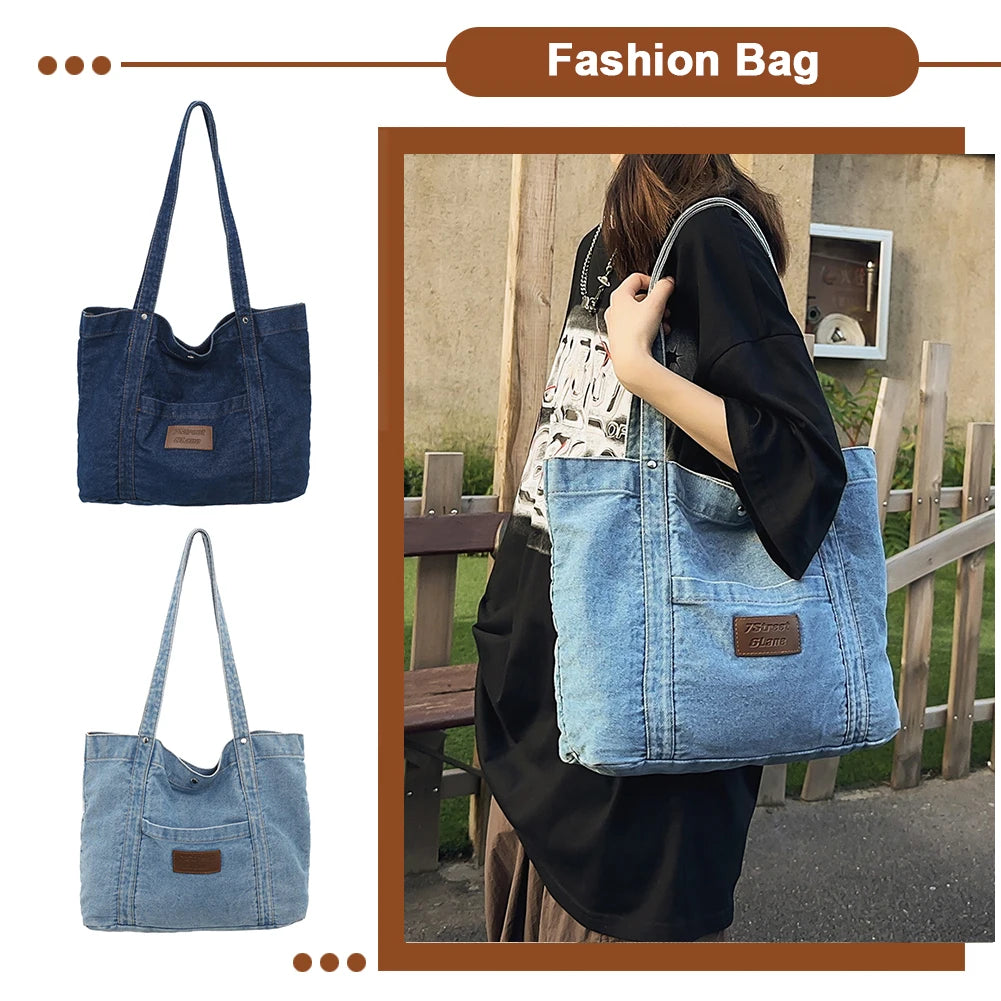 Women Retro Tote Bag Large Capacity Denim Versatile Shopping Bag Solid Color Female Daily Commute Bag