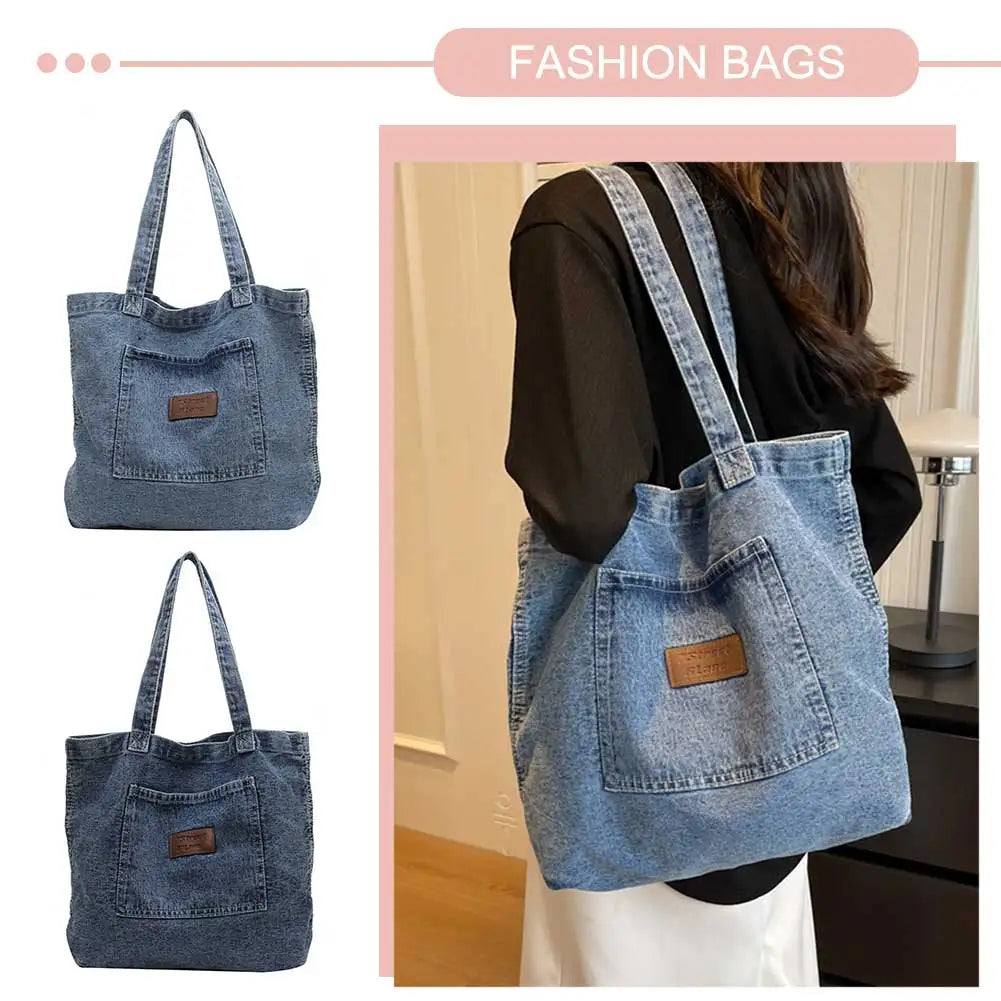 Vintage Denim Shoulder Bag for Women – Soft Tote with Hasp Closure & Zipper Pocket