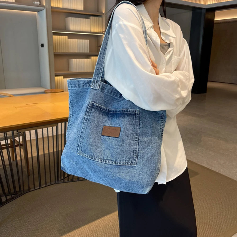 Vintage Denim Shoulder Bag for Women – Soft Tote with Zipper Pocket & Timeless Charm