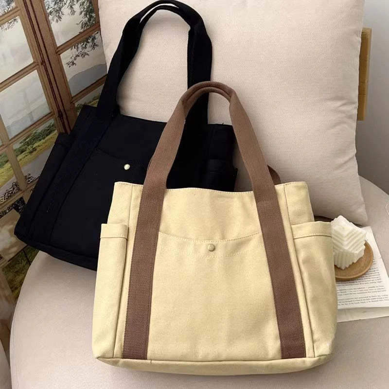Preppy Canvas Shoulder Satchel – Soft Zipper Tote with Dual Handles for Women