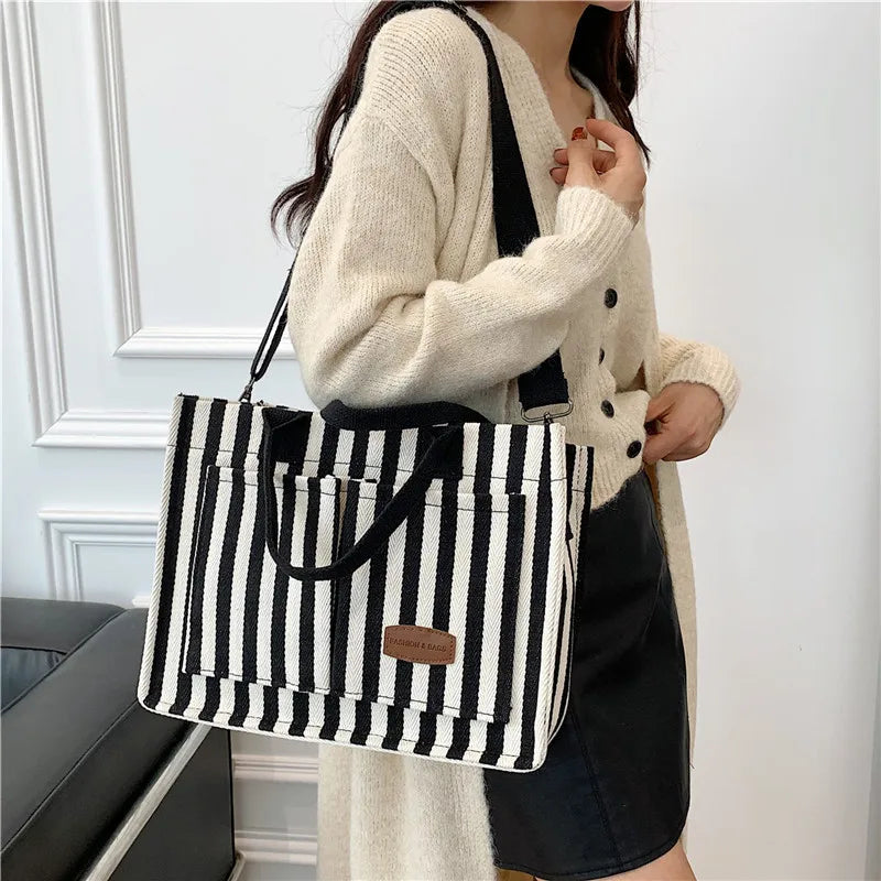 Trendy Striped Canvas Shoulder Bag
