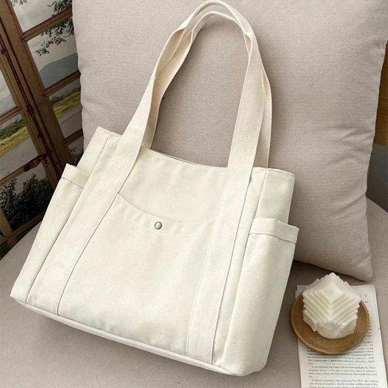 Preppy Canvas Shoulder Satchel – Soft Zipper Tote with Dual Handles for Women