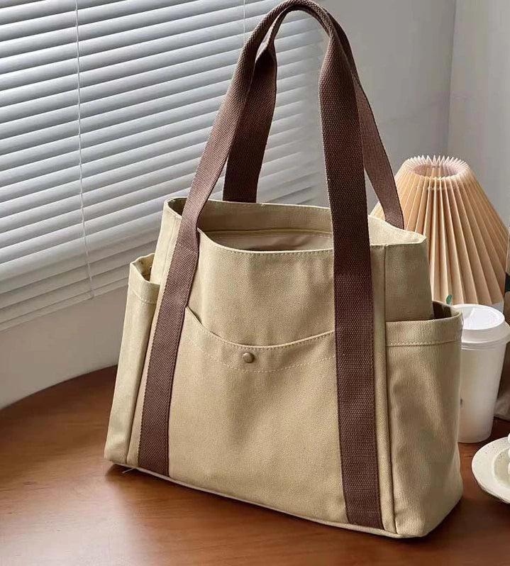 Preppy Canvas Shoulder Satchel – Soft Zipper Tote with Dual Handles for Women