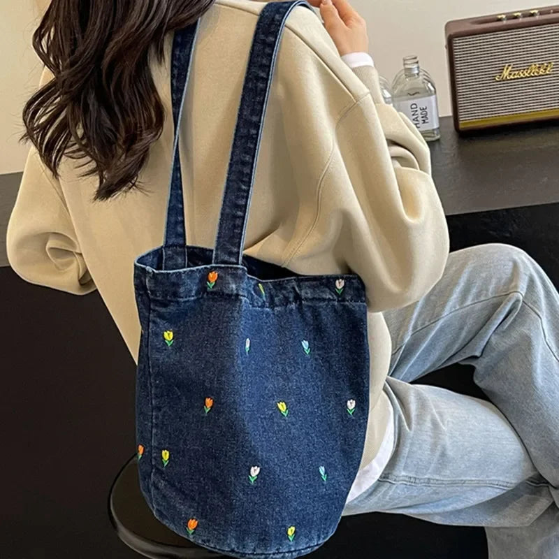 Floral Embroidered Denim Shoulder Bag – Soft Vintage Tote for Effortless Everyday Chic