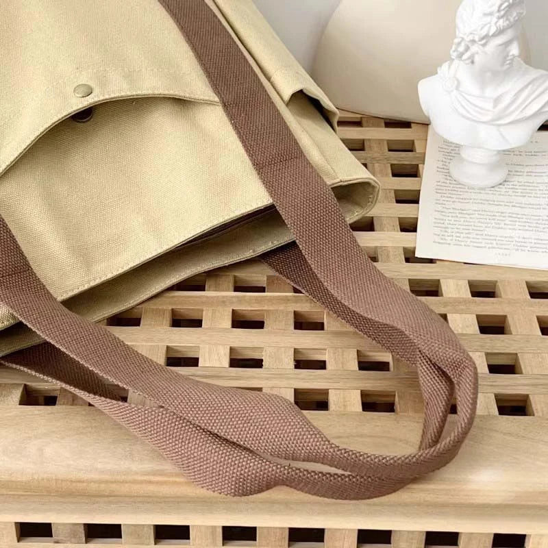 Preppy Canvas Shoulder Satchel – Soft Zipper Tote with Dual Handles for Women
