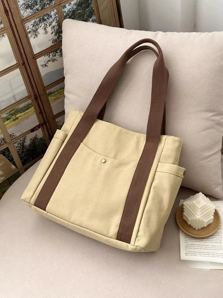 Preppy Canvas Shoulder Satchel – Soft Zipper Tote with Dual Handles for Women