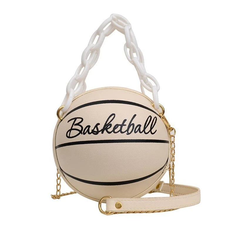 Basketball-Inspired Circular Crossbody Bag – PU Leather Shoulder Purse with Chain Accent
