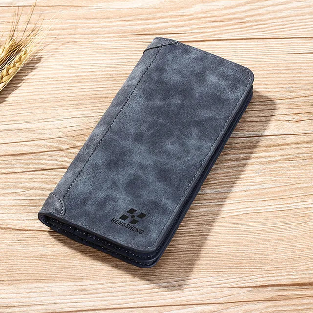 Men’s Vintage Long Wallet – Frosted PU Leather Clutch with Coin Pocket & ID Holder