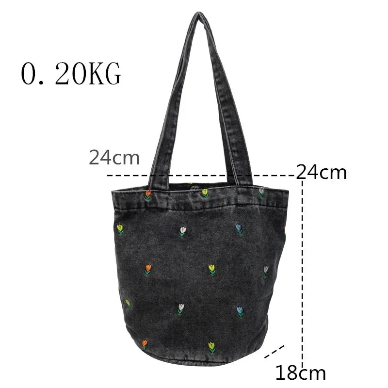 Floral Embroidered Denim Shoulder Bag – Soft Vintage Tote for Effortless Everyday Chic