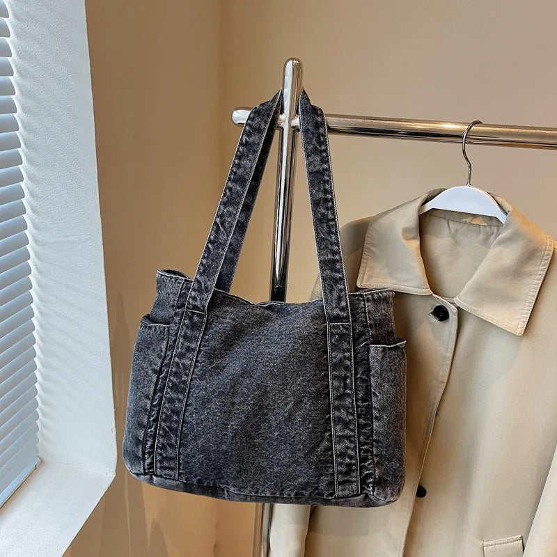 Korean style large capacity water washed denim tote bag for women, commuter handbag, single shoulder armpit bag