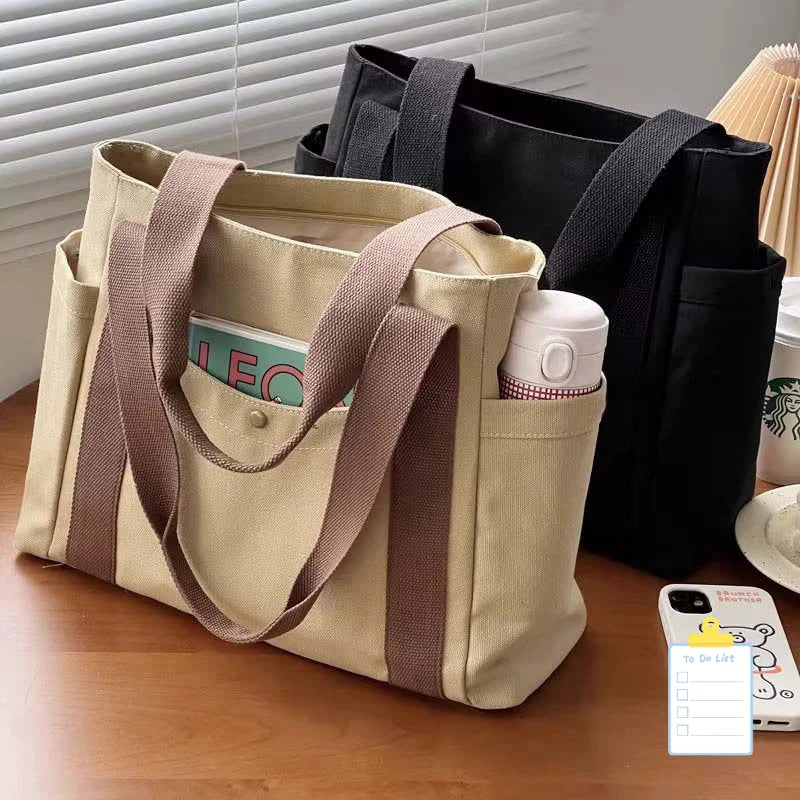 Preppy Canvas Shoulder Satchel – Soft Zipper Tote with Dual Handles for Women