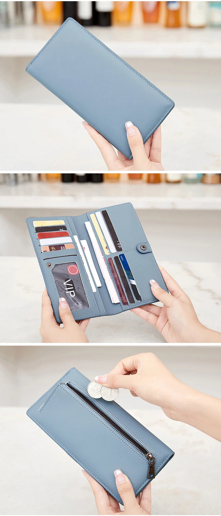 Functional & Compact: Women's Double-Fold Wallet – RFID Coin & Card Organizer with Hand Strap
