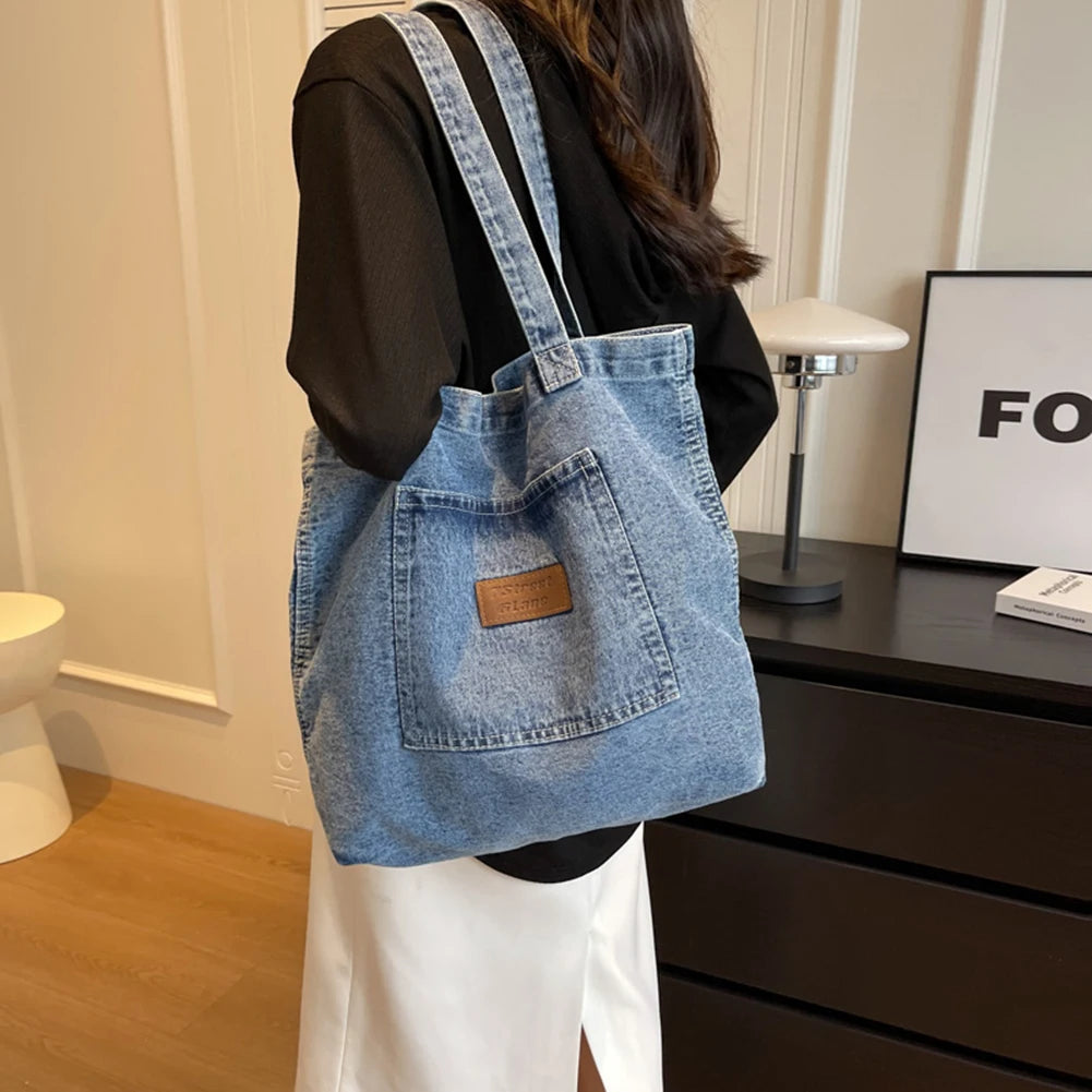 Vintage Denim Shoulder Bag for Women – Soft Tote with Zipper Pocket & Timeless Charm
