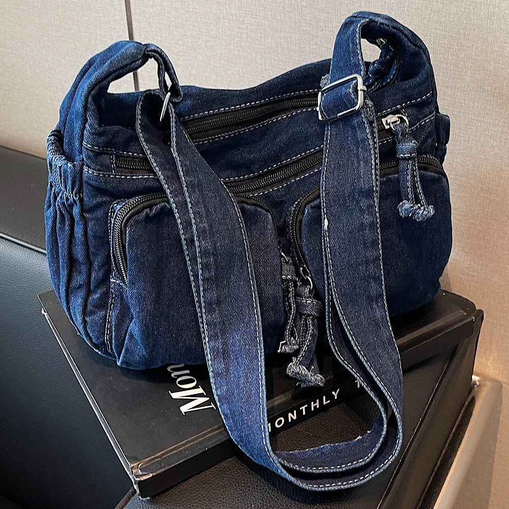 Denim Tote Bag for Women Casual Adjustable Shoulder Handbag Crossbody Bag Retro Zipper Hobo Purse For Work Shopping Travel