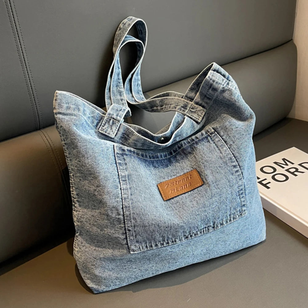 Vintage Denim Shoulder Bag for Women – Soft Tote with Hasp Closure & Zipper Pocket