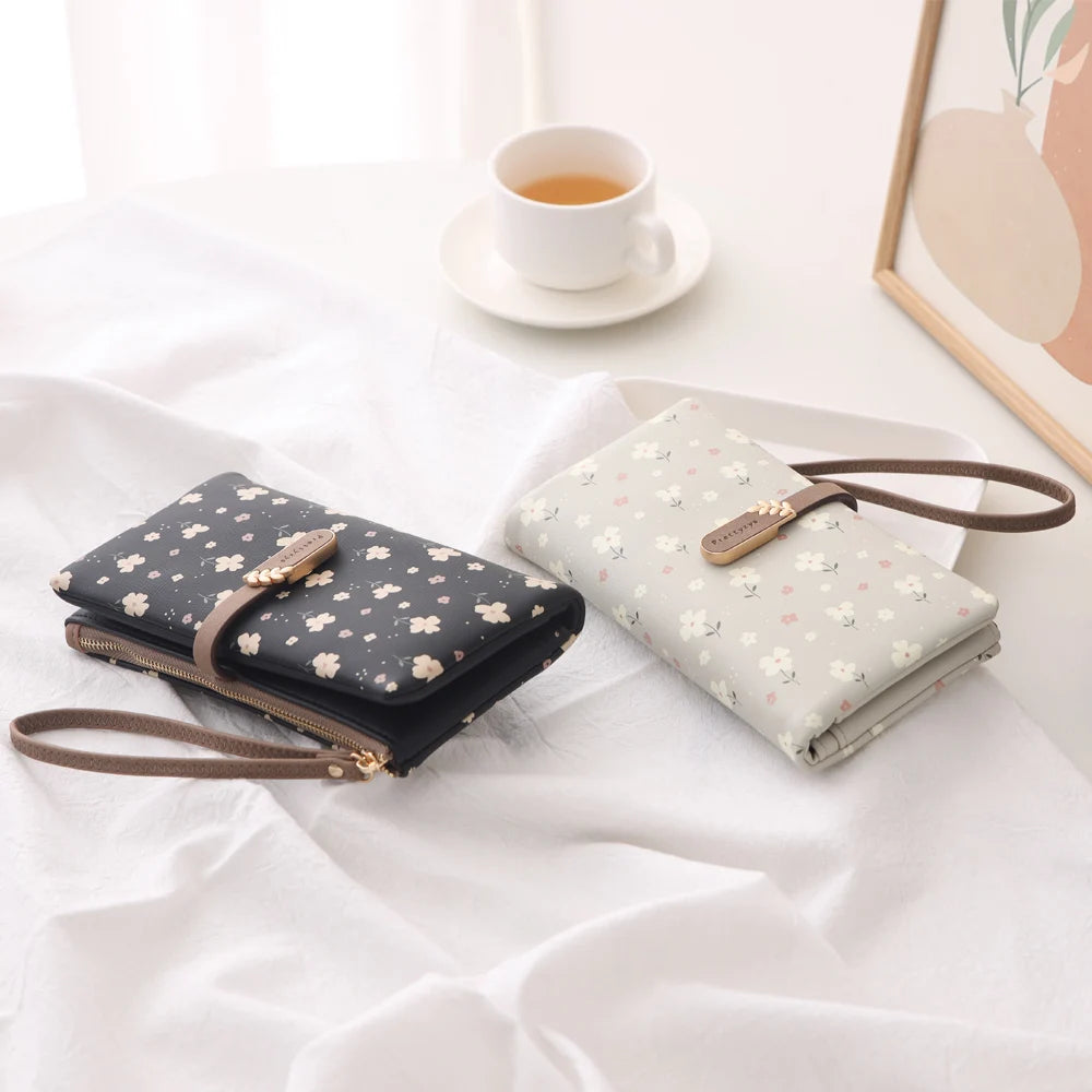 Women’s Long Wallet – Cute Leaf & Flower Pattern Zipper Clutch with Card & Coin Holder