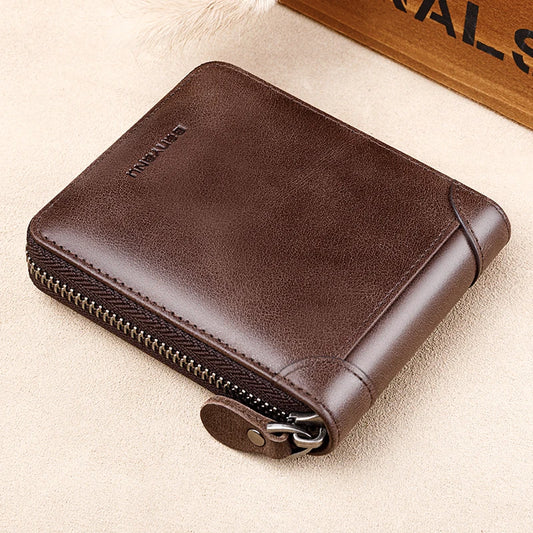 Men's Genuine Leather Wallet with Zipper and Coin Pocket