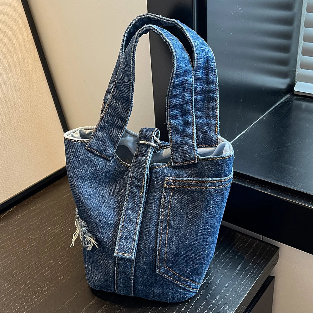 Women’s Patchwork Denim Bucket Bag – Casual & Stylish Handbag